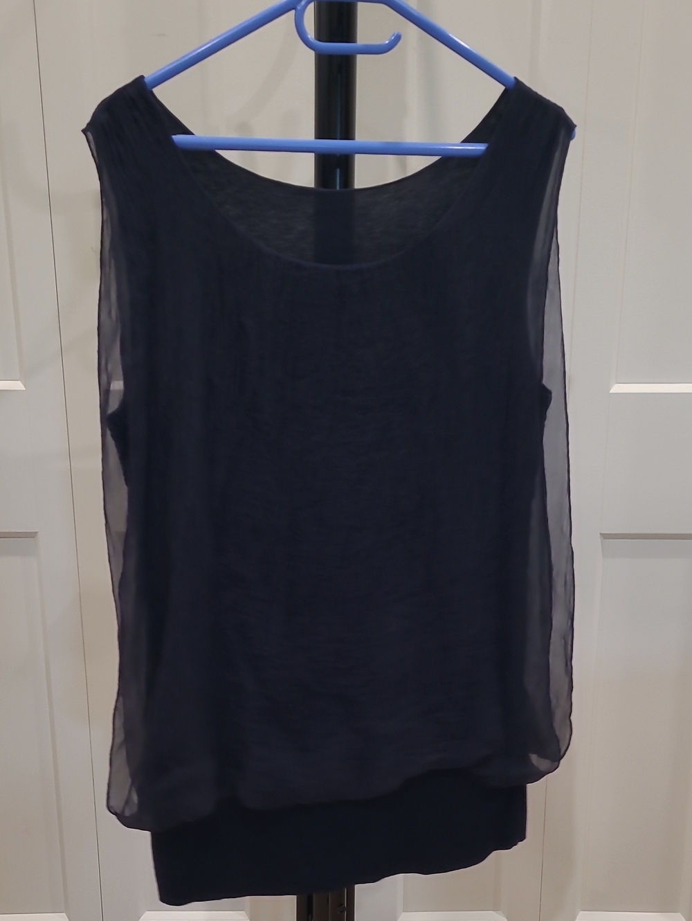 100% Silk Sleeveless Navy Overlay Women’s Top - Side Detail